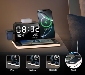 GUSGU MagTime 3 en 1 con pantalla de energía y hora en tiempo real, soporte de cargador inalámbrico plegable, compatible con iPhone serie 16/15/14/13, Apple Watch 9 y AirPods (blanco)
