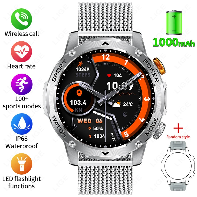 LIGE 1000 mAh Smart Watch 1.7 Inch Screen Bluetooth Call Voice Assistant Watch Sports Fitness IP68 Waterproof Smartwatch For Men