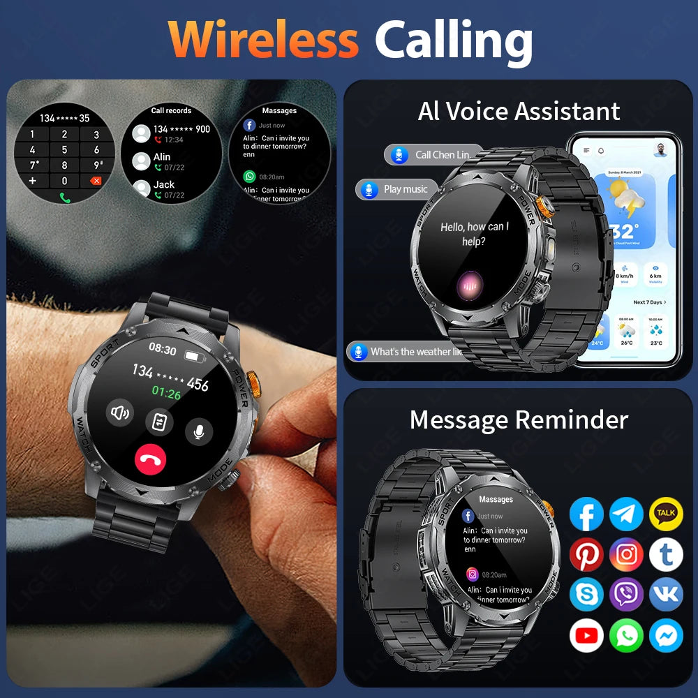 LIGE 1000 mAh Smart Watch 1.7 Inch Screen Bluetooth Call Voice Assistant Watch Sports Fitness IP68 Waterproof Smartwatch For Men