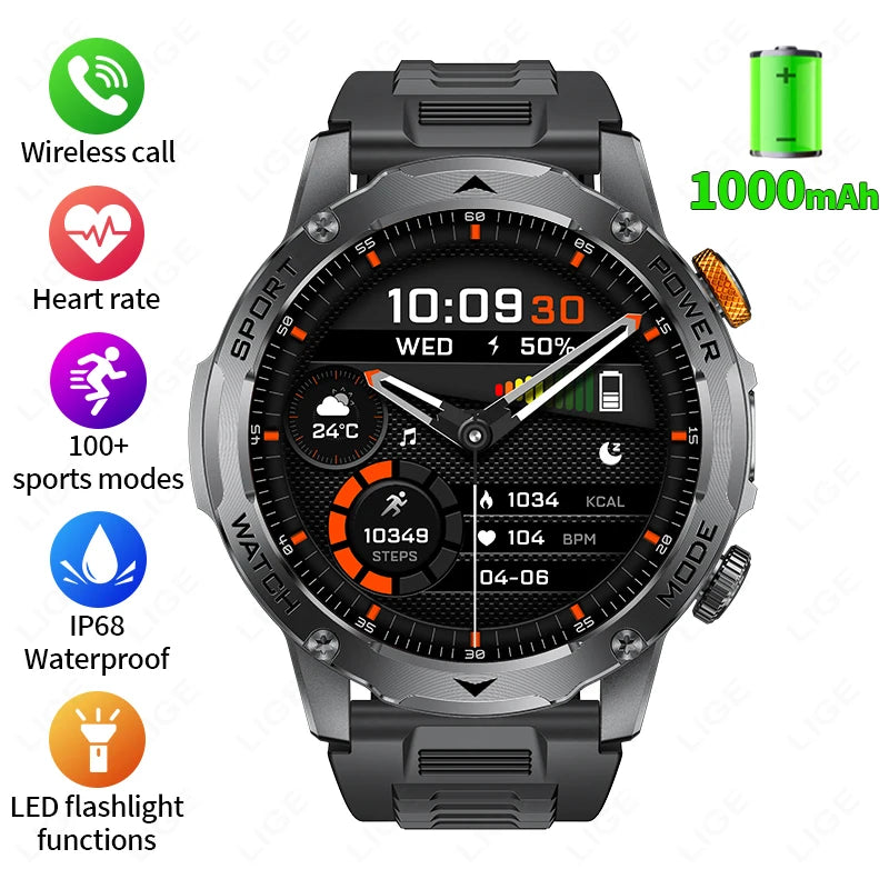 LIGE 1000 mAh Smart Watch 1.7 Inch Screen Bluetooth Call Voice Assistant Watch Sports Fitness IP68 Waterproof Smartwatch For Men