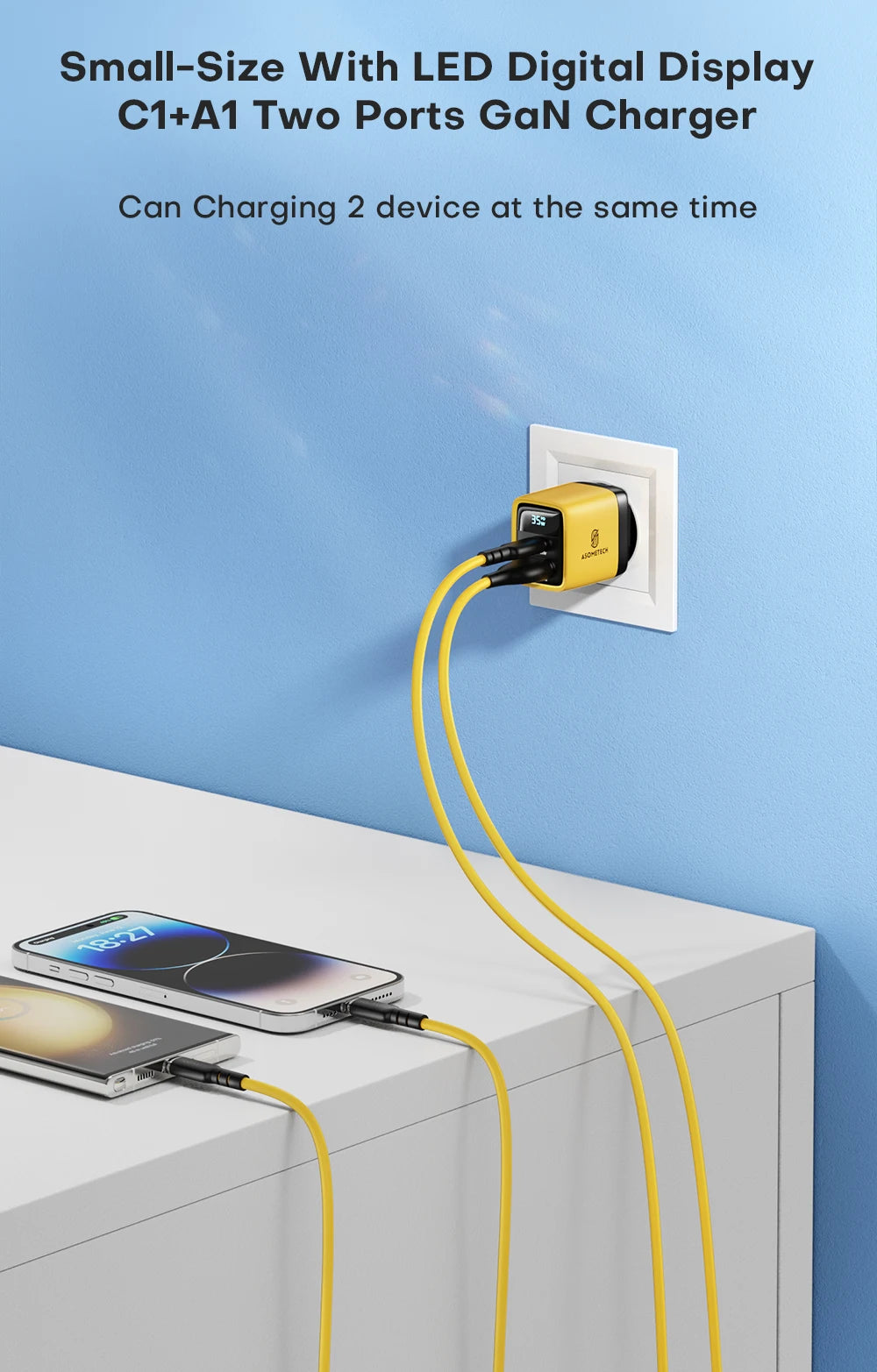 ASOMETECH 35W GaN Charger LED Display QC3.0 30W 25W PD PPS Quick Charge USB Type C Charger For iPhone 14 Pro Samsung S23 Xiaomi
