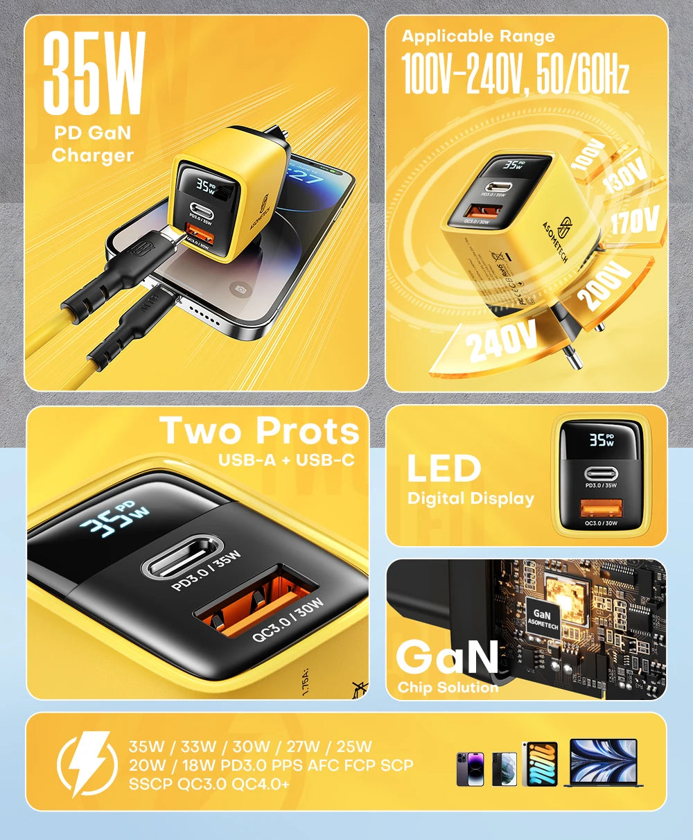 ASOMETECH 35W GaN Charger LED Display QC3.0 30W 25W PD PPS Quick Charge USB Type C Charger For iPhone 14 Pro Samsung S23 Xiaomi