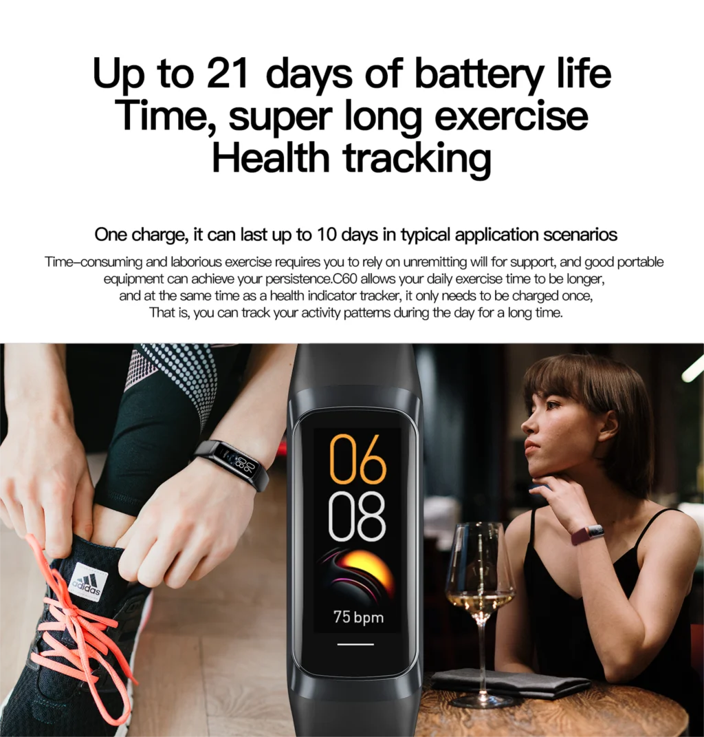 C60 Smart Bracelet Amoled Screen Heart Rate Blood Fitness Tracker SmartBand For Women Men Fashion Sport Smartwatch
