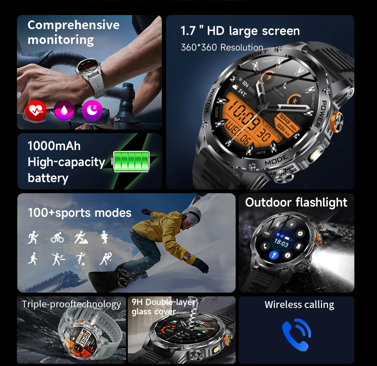 LIGE 1000 mAh Smart Watch 1.7 Inch Screen Bluetooth Call Voice Assistant Watch Sports Fitness IP68 Waterproof Smartwatch For Men