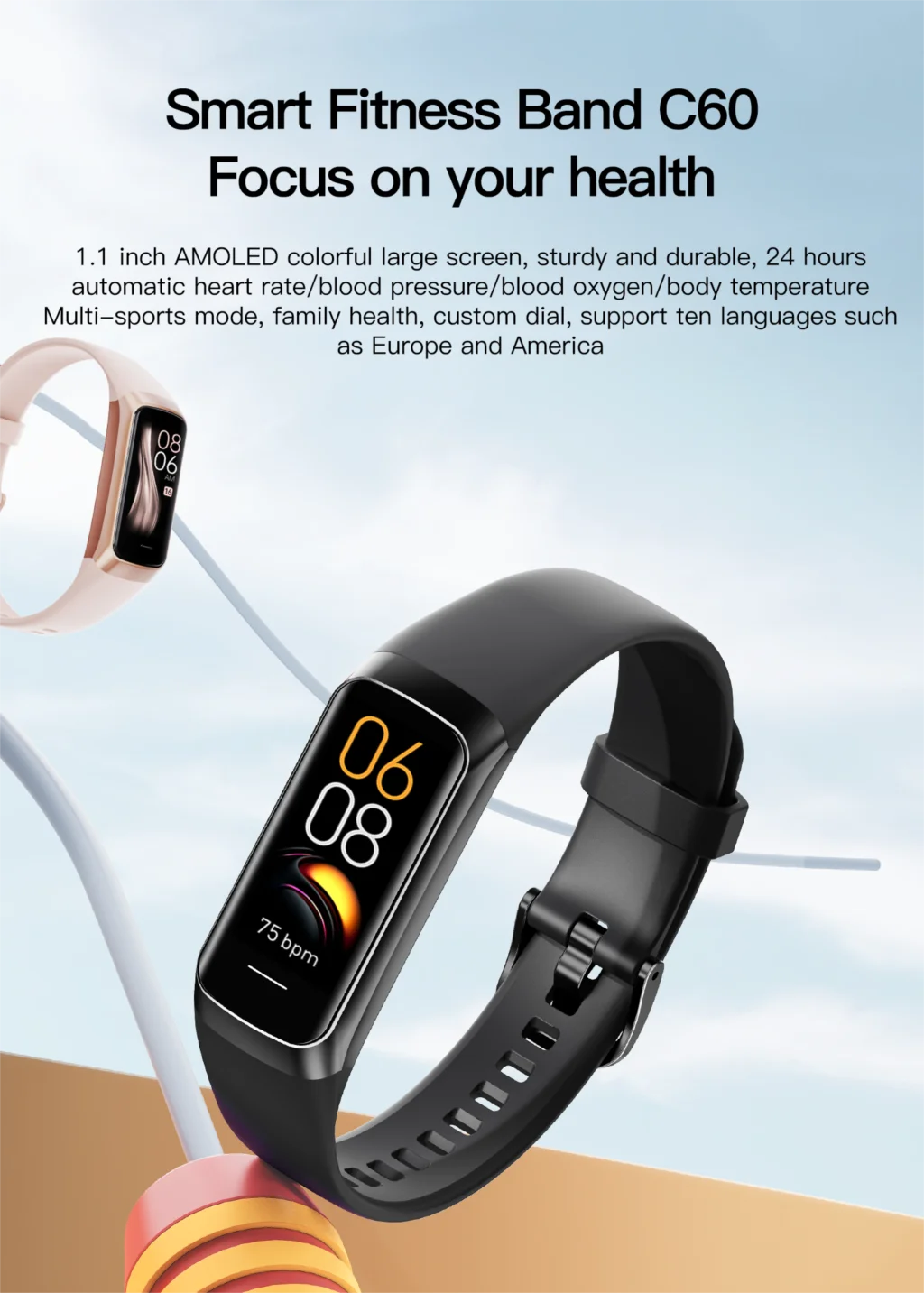 C60 Smart Bracelet Amoled Screen Heart Rate Blood Fitness Tracker SmartBand For Women Men Fashion Sport Smartwatch