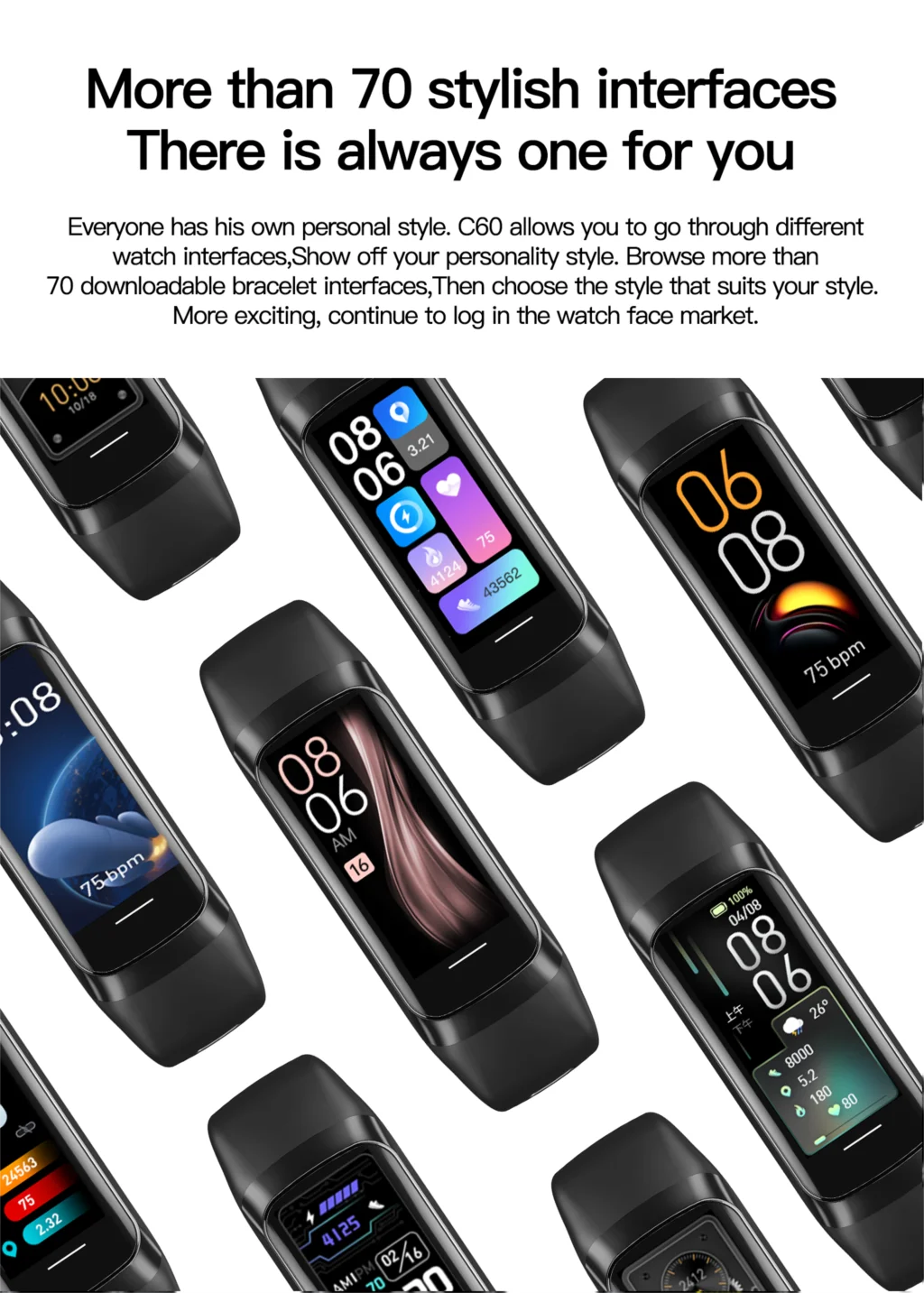 C60 Smart Bracelet Amoled Screen Heart Rate Blood Fitness Tracker SmartBand For Women Men Fashion Sport Smartwatch