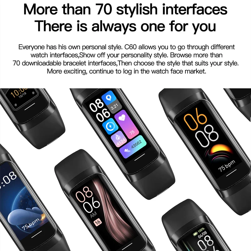 C60 Smart Bracelet Amoled Screen Heart Rate Blood Fitness Tracker SmartBand For Women Men Fashion Sport Smartwatch