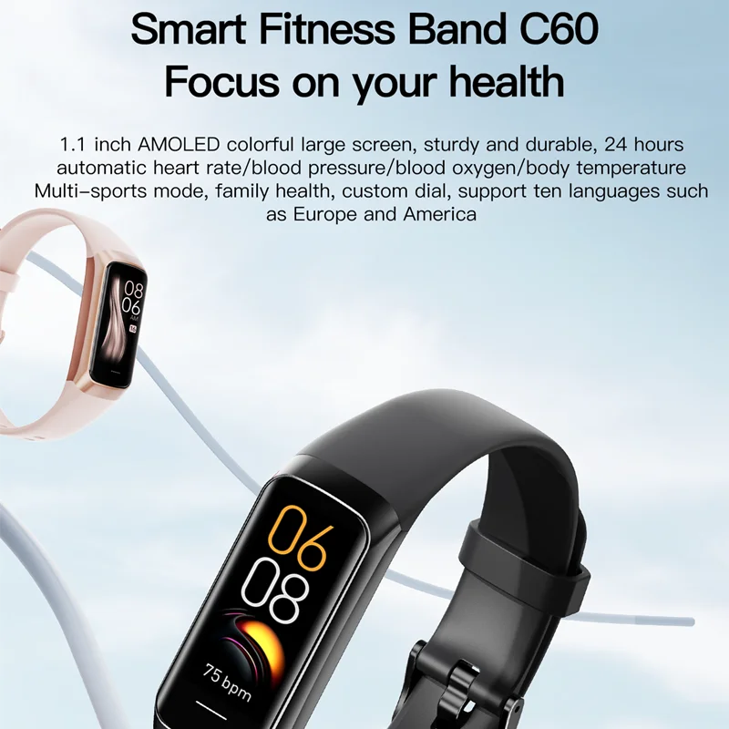 C60 Smart Bracelet Amoled Screen Heart Rate Blood Fitness Tracker SmartBand For Women Men Fashion Sport Smartwatch