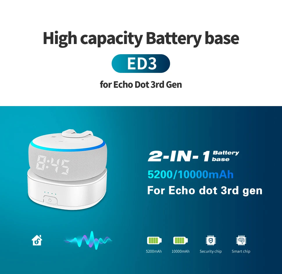 Fanxoo Echo Dot 3 rd Gen Power Battery Base Adapter For Alexa Speaker Docking Station Rechargeable Battery Power Bank Play 10H