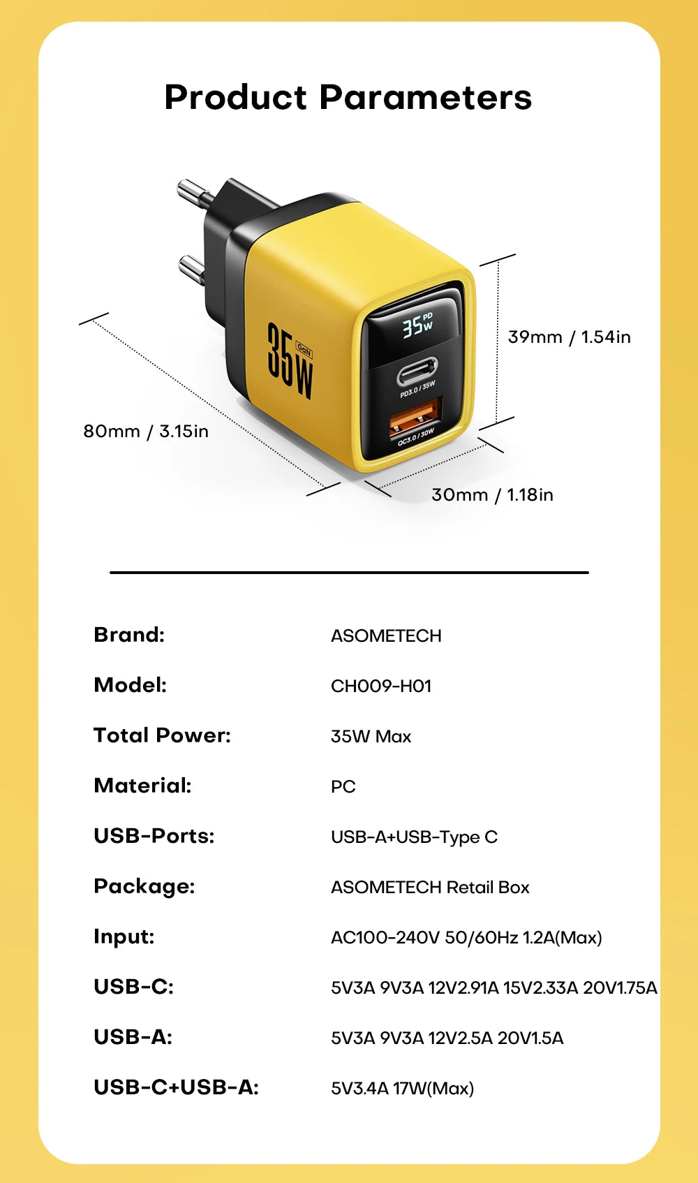 ASOMETECH 35W GaN Charger LED Display QC3.0 30W 25W PD PPS Quick Charge USB Type C Charger For iPhone 14 Pro Samsung S23 Xiaomi