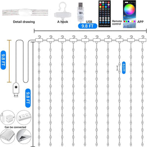 Smart LED Curtain Lights, 3mx3m 300Leds USB String Lights with Bluetooth App Timer ,Music Sync Christmas Curtain String Outdoor