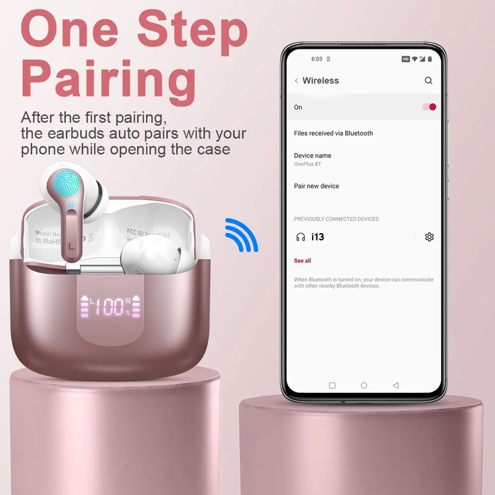 Wireless Earbuds, Bluetooth 5.3 Headphones Sports Headphones In Ear with 4 ENC Noise Cancelling Mic, 40H Playback , LED Display.