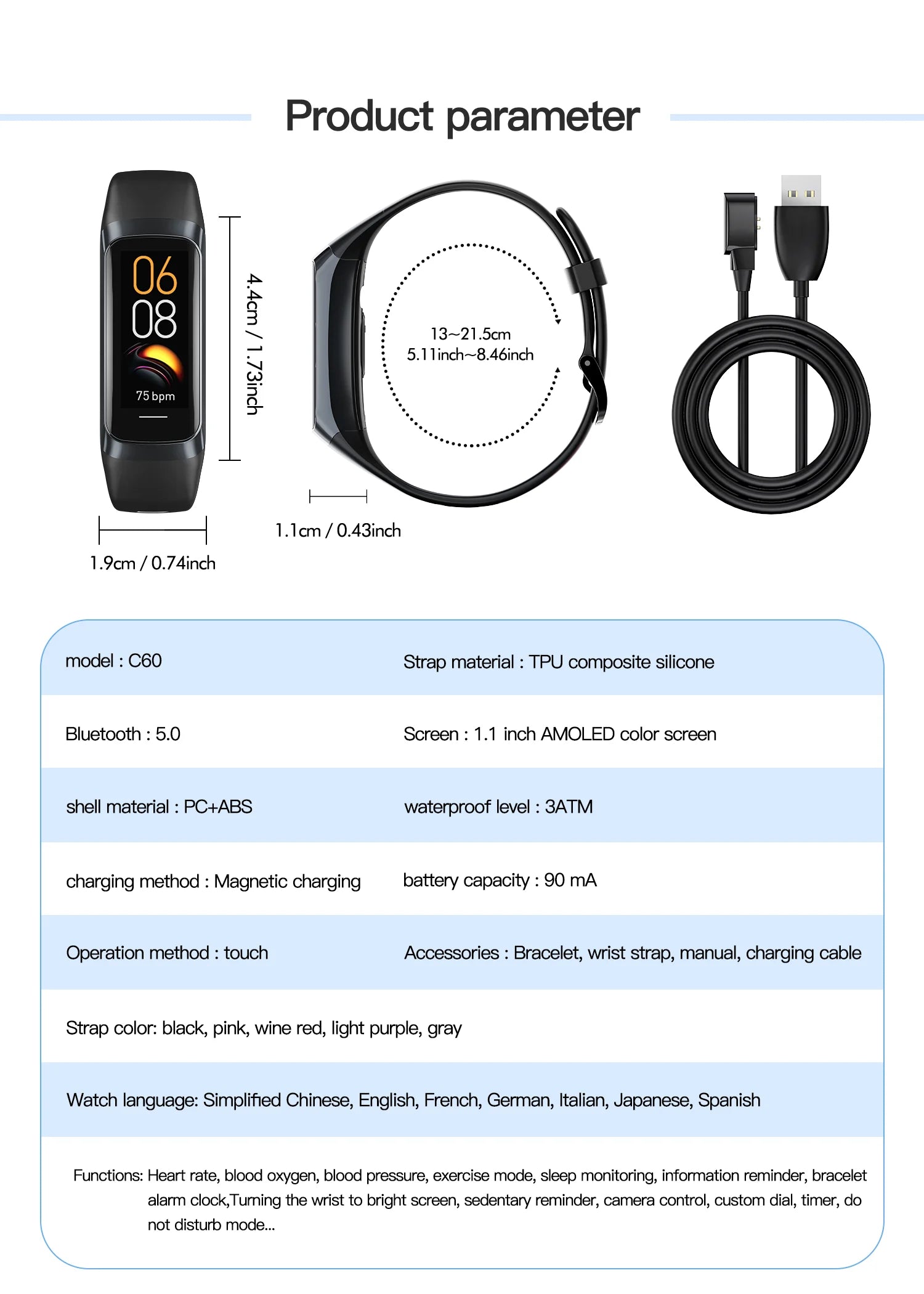 C60 Smart Bracelet Amoled Screen Heart Rate Blood Fitness Tracker SmartBand For Women Men Fashion Sport Smartwatch