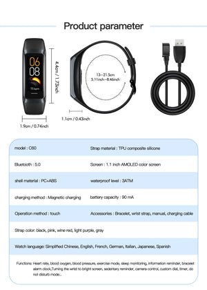 C60 Smart Bracelet Amoled Screen Heart Rate Blood Fitness Tracker SmartBand For Women Men Fashion Sport Smartwatch