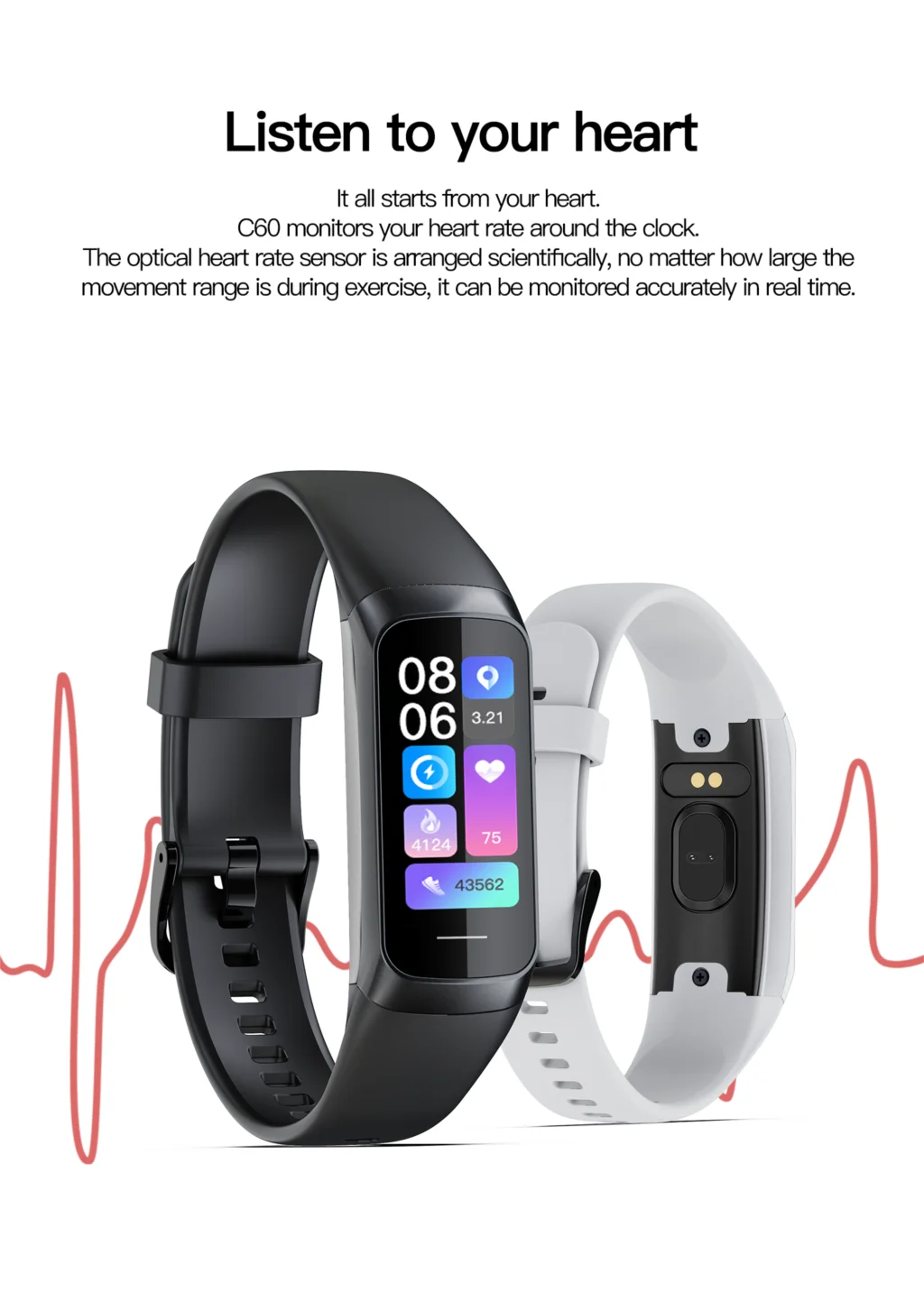 C60 Smart Bracelet Amoled Screen Heart Rate Blood Fitness Tracker SmartBand For Women Men Fashion Sport Smartwatch