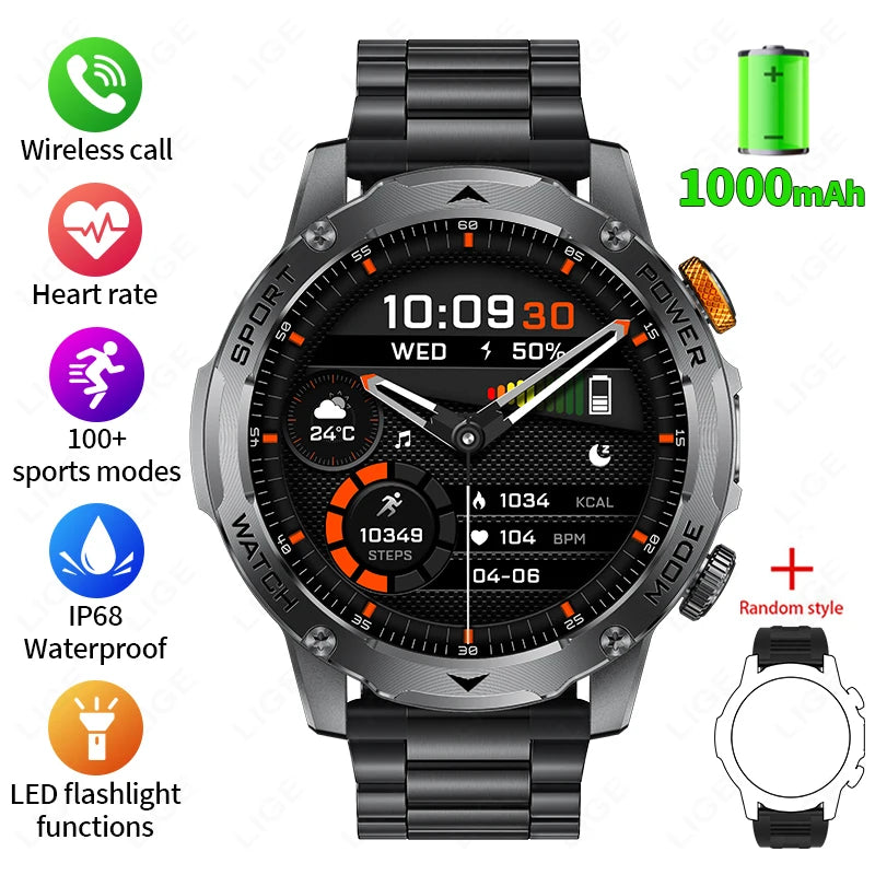 LIGE 1000 mAh Smart Watch 1.7 Inch Screen Bluetooth Call Voice Assistant Watch Sports Fitness IP68 Waterproof Smartwatch For Men