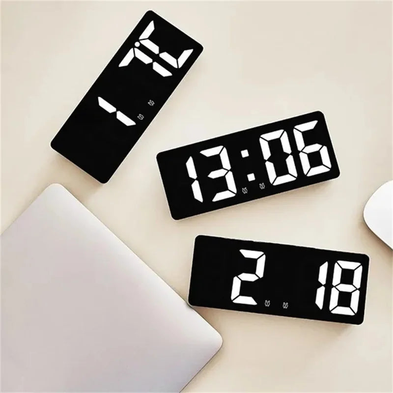 LED Digital Alarm Clock Voice-activated Mirror Double Alarm Clock Bedside Clock Temperature Snooze Electronic Watch Date Display