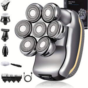 Men'S Electric Head Shaver Razor - Rechargeable Cordless Hair Shaving Razors for Bald Man 6 in 1 Wet Dry Beard Trimmer Body Hair Cutting Clipper Grooming Kit 7 Rotary Heads (Gray) - Power Supply: USB Charging (built-in Batter